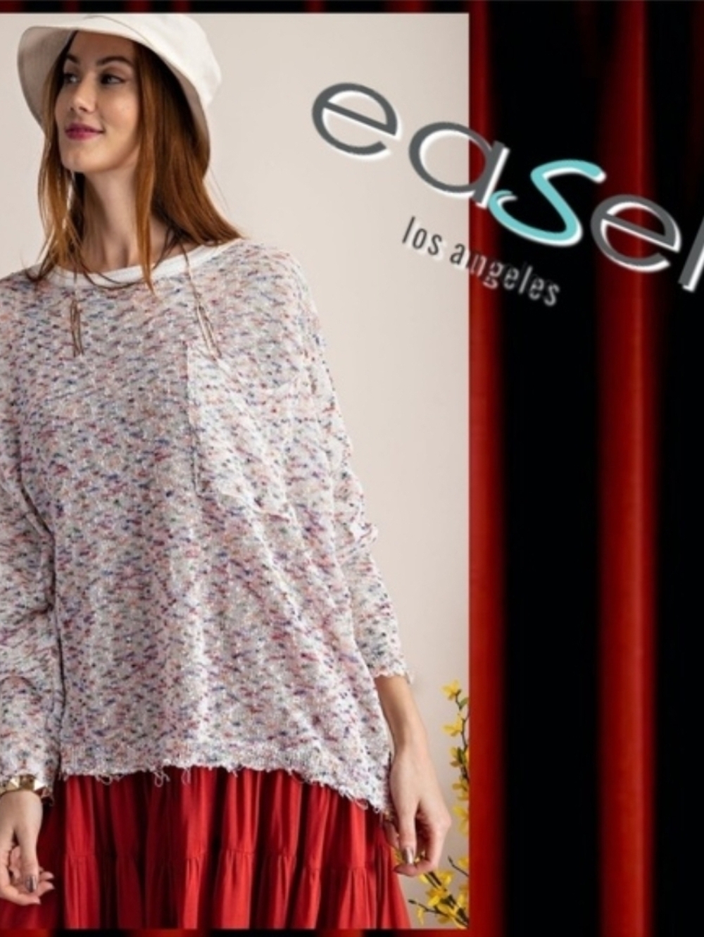 Easel "Pass the Popcorn" Loose Knit Distressed Top Size Small
